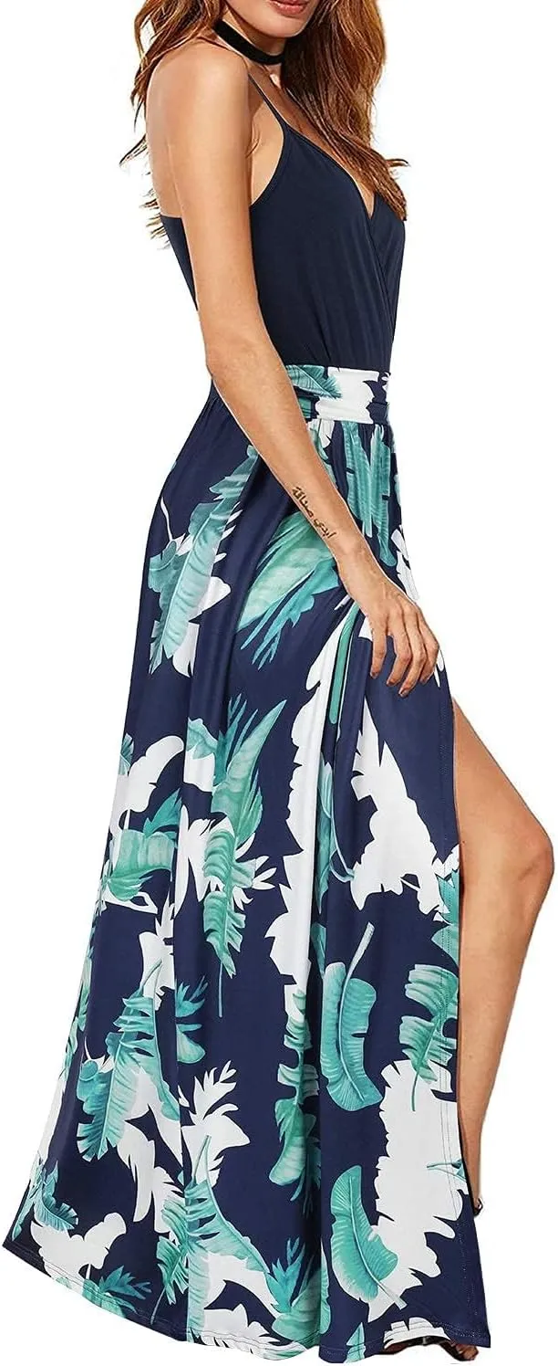 Newshows Women Summer 2025 Maxi Dress Vacation Floral Spaghetti Strap Spring Casual Boho Split Beach Long Flowy Sundress