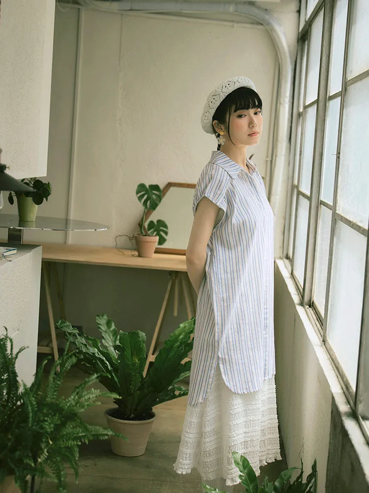 Ob Design Women Casual Long Cotton Striped Button Tunic Shirt Top Plus Size
