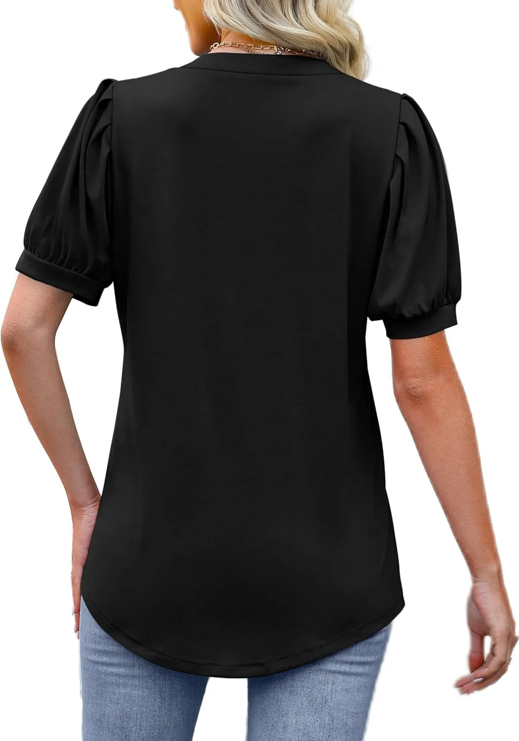 OFEEFAN Women's Pleated Puff Sleeve Tops Summer V Neck Tunic Shirts Loose Curved Hem Blouses Dressy Casual S-3XL