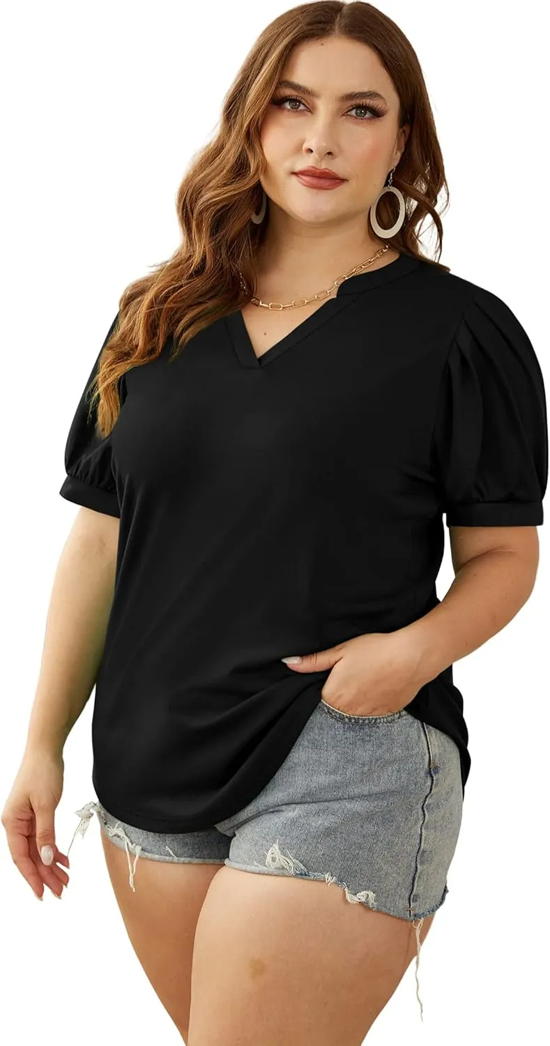 OFEEFAN Women's Pleated Puff Sleeve Tops Summer V Neck Tunic Shirts Loose Curved Hem Blouses Dressy Casual S-3XL