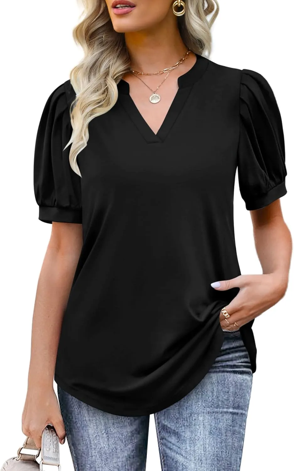 OFEEFAN Women's Pleated Puff Sleeve Tops Summer V Neck Tunic Shirts Loose Curved Hem Blouses Dressy Casual S-3XL