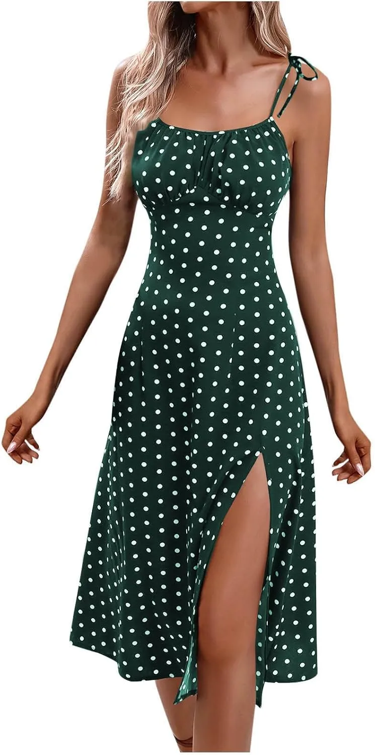 Polka Dot Slip Dress for Women A Line Sleeveless Side Slit Midi Dresses Spaghetti Strap Beach Sundresses