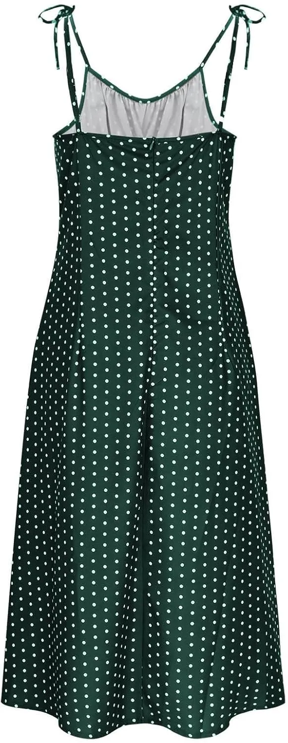 Polka Dot Slip Dress for Women A Line Sleeveless Side Slit Midi Dresses Spaghetti Strap Beach Sundresses