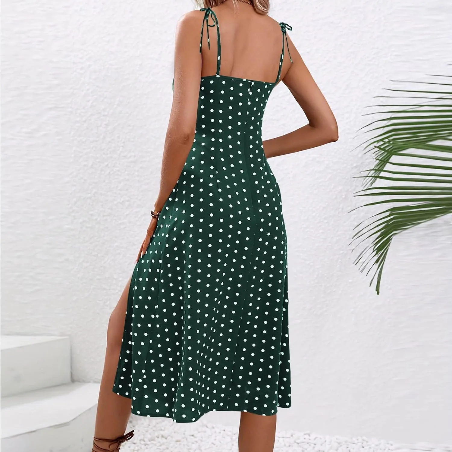 Polka Dot Slip Dress for Women A Line Sleeveless Side Slit Midi Dresses Spaghetti Strap Beach Sundresses