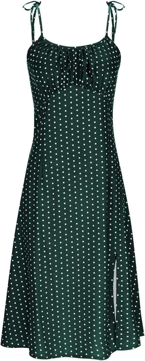 Polka Dot Slip Dress for Women A Line Sleeveless Side Slit Midi Dresses Spaghetti Strap Beach Sundresses