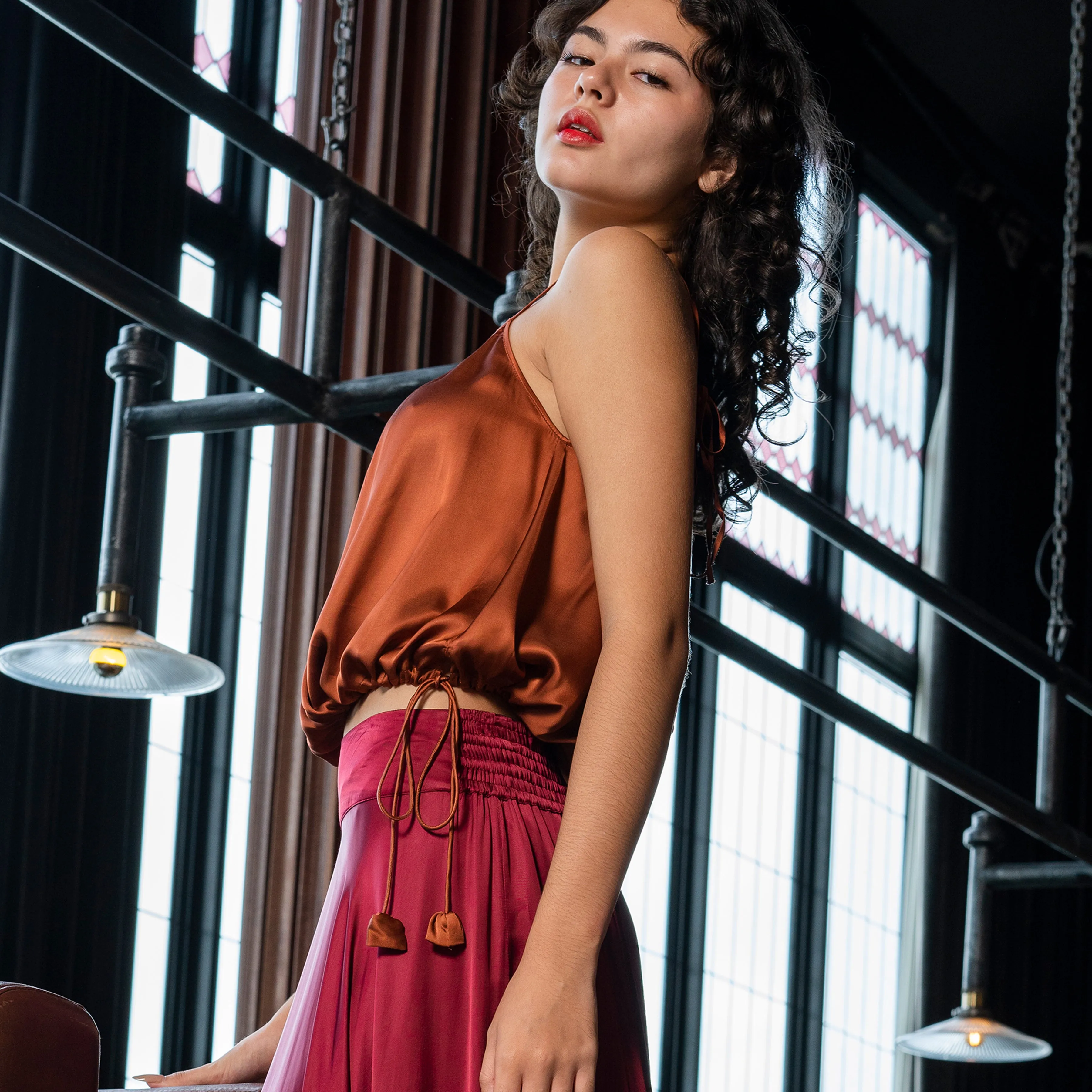 RINKI FLOW STRING CAMISOLE - Rayon Viscose Satin | Rusty