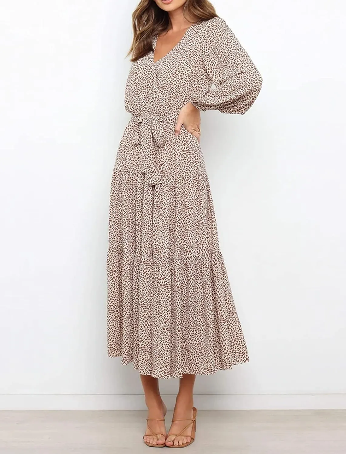 R.Vivimos Women's Fall Long Sleeve Casual Dresses Wrap V Neck Polka Dots Tiered Ruffle Flowy Midi Dress with Belt
