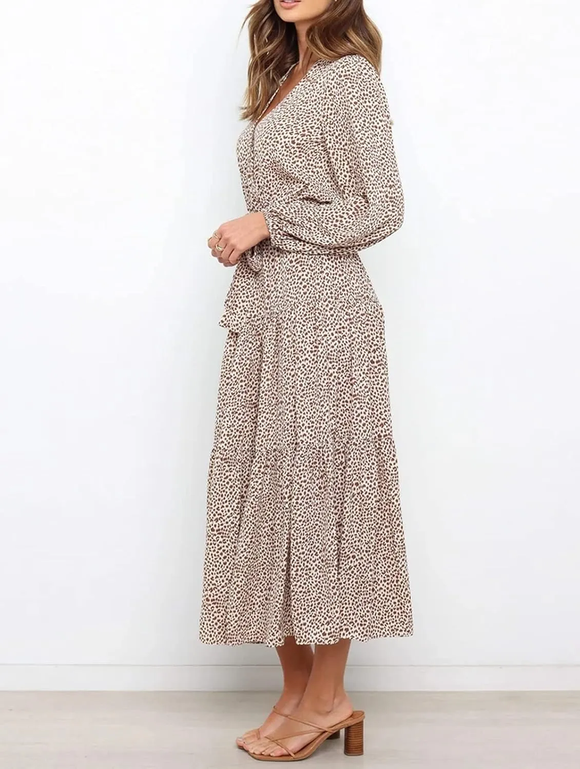 R.Vivimos Women's Fall Long Sleeve Casual Dresses Wrap V Neck Polka Dots Tiered Ruffle Flowy Midi Dress with Belt