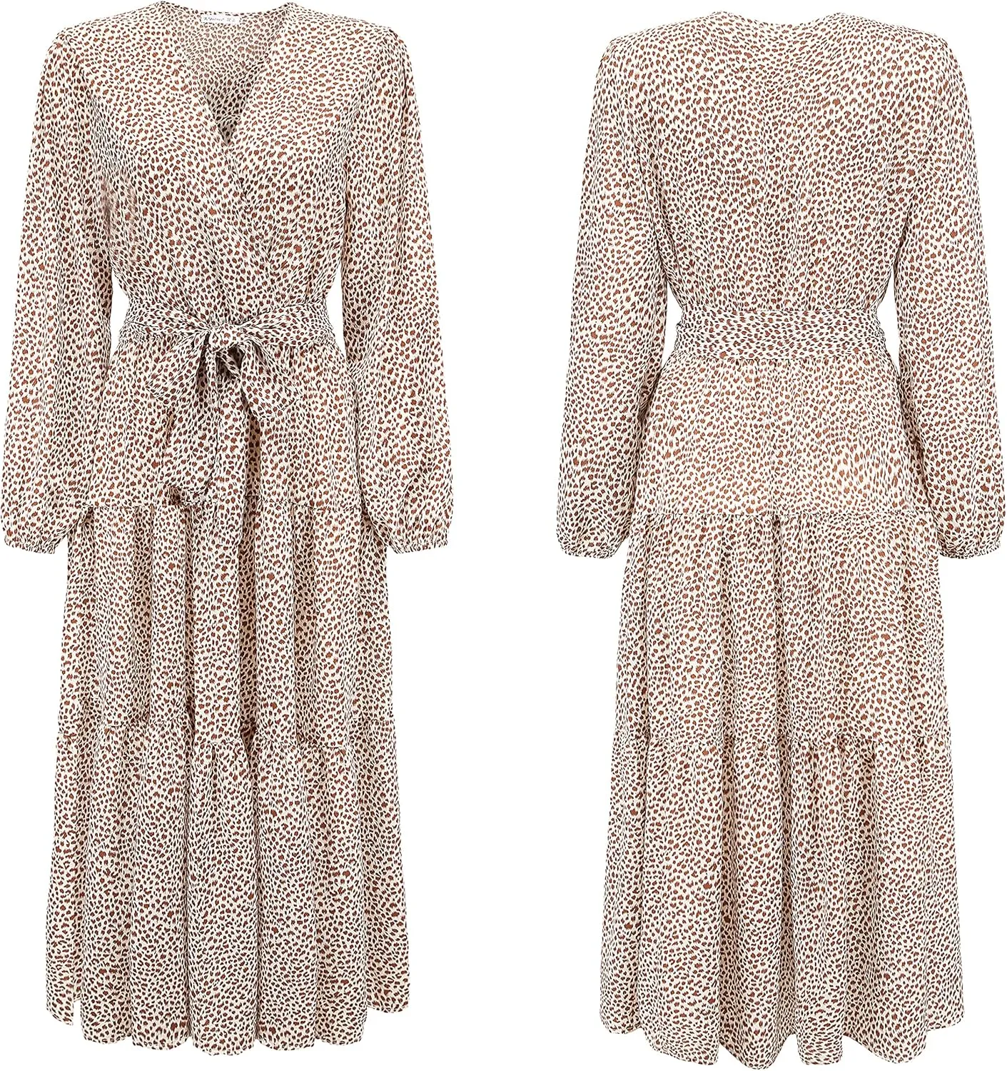 R.Vivimos Women's Fall Long Sleeve Casual Dresses Wrap V Neck Polka Dots Tiered Ruffle Flowy Midi Dress with Belt
