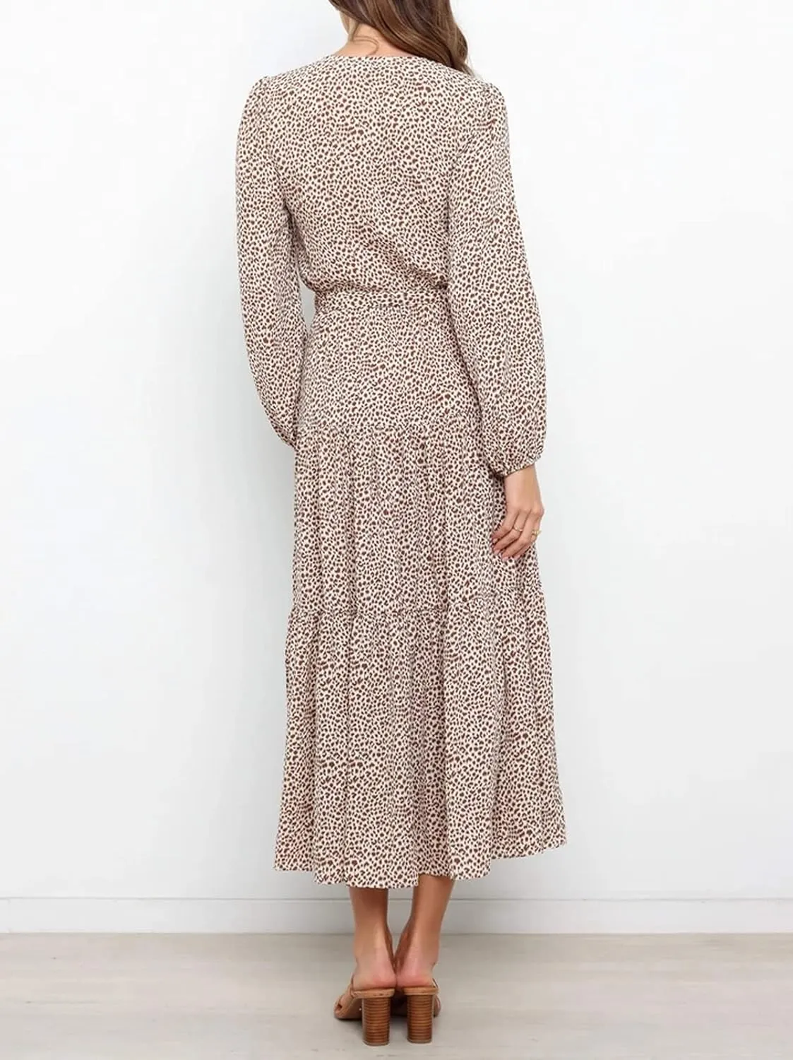 R.Vivimos Women's Fall Long Sleeve Casual Dresses Wrap V Neck Polka Dots Tiered Ruffle Flowy Midi Dress with Belt
