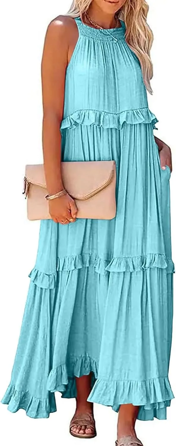 Smocked Dress Women Summer Sleeveless Tank Sundress Halter Tie Back Loose Flowy Ruffle Maxi Dresses with Pockets