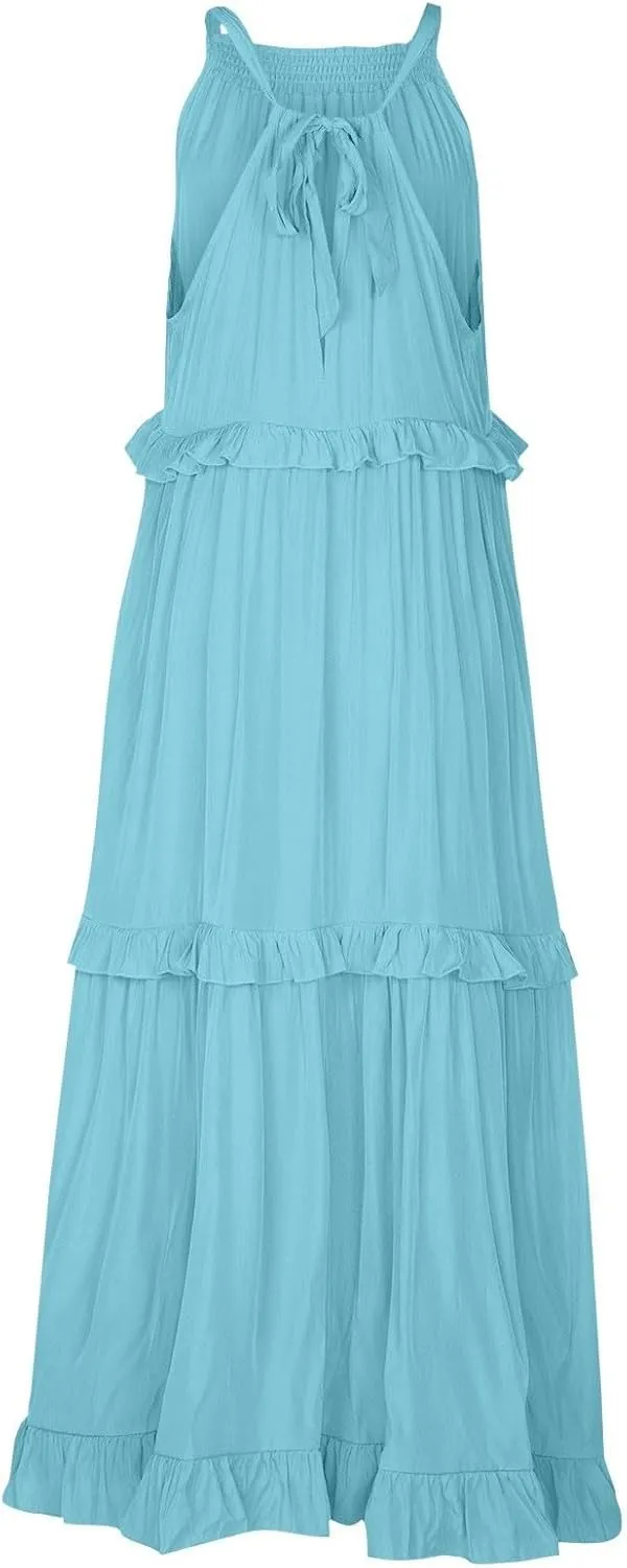 Smocked Dress Women Summer Sleeveless Tank Sundress Halter Tie Back Loose Flowy Ruffle Maxi Dresses with Pockets