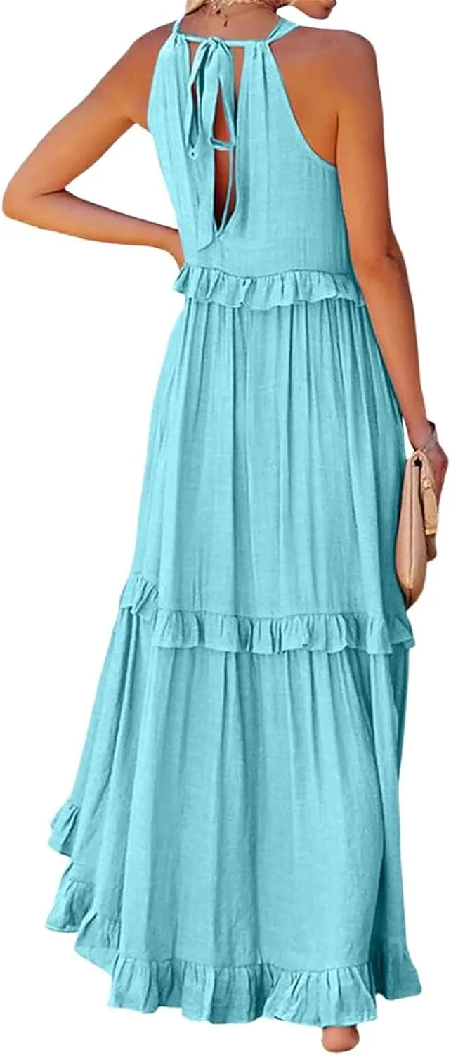 Smocked Dress Women Summer Sleeveless Tank Sundress Halter Tie Back Loose Flowy Ruffle Maxi Dresses with Pockets