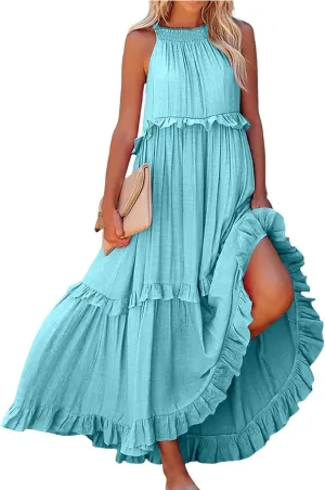 Smocked Dress Women Summer Sleeveless Tank Sundress Halter Tie Back Loose Flowy Ruffle Maxi Dresses with Pockets