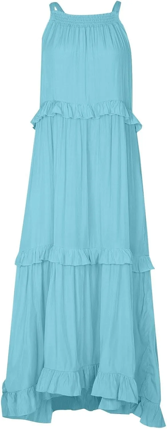 Smocked Dress Women Summer Sleeveless Tank Sundress Halter Tie Back Loose Flowy Ruffle Maxi Dresses with Pockets