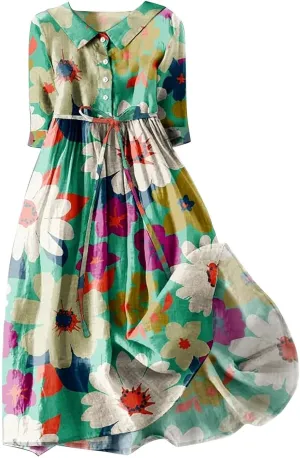 Summer Cotton Linen Dresses for Women 2025 Plus Size 3/4 Sleeve Floral Maxi Dress Elegantes Spring Vacation Dress
