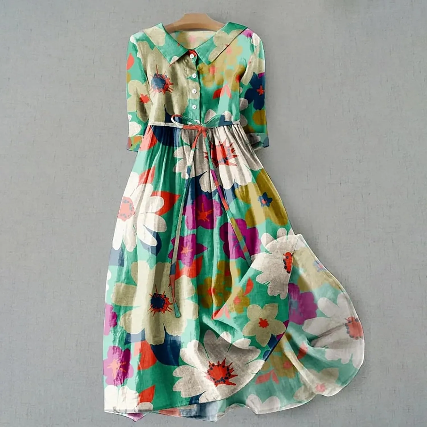 Summer Cotton Linen Dresses for Women 2025 Plus Size 3/4 Sleeve Floral Maxi Dress Elegantes Spring Vacation Dress