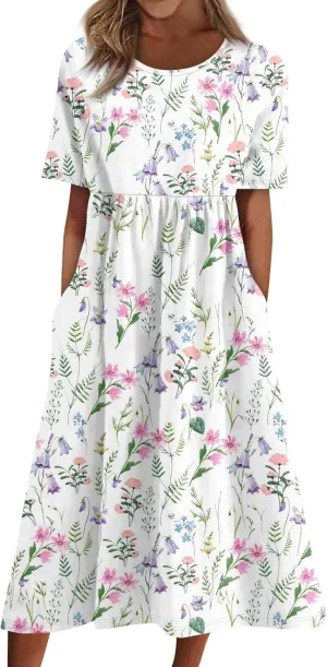 Summer Dresses for Women 2025 Casual Short Sleeve Scoop Neck Print Swing Beach Boho Tshirt Dress with Pockets