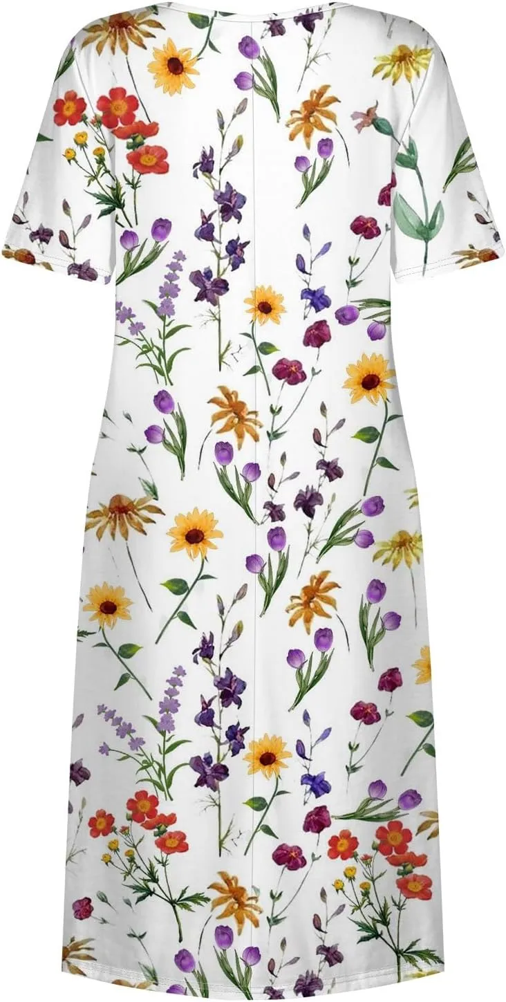 Summer Dresses for Women 2025 Casual Short Sleeve Scoop Neck Print Swing Beach Boho Tshirt Dress with Pockets