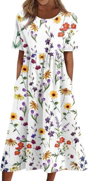 Summer Dresses for Women 2025 Casual Short Sleeve Scoop Neck Print Swing Beach Boho Tshirt Dress with Pockets