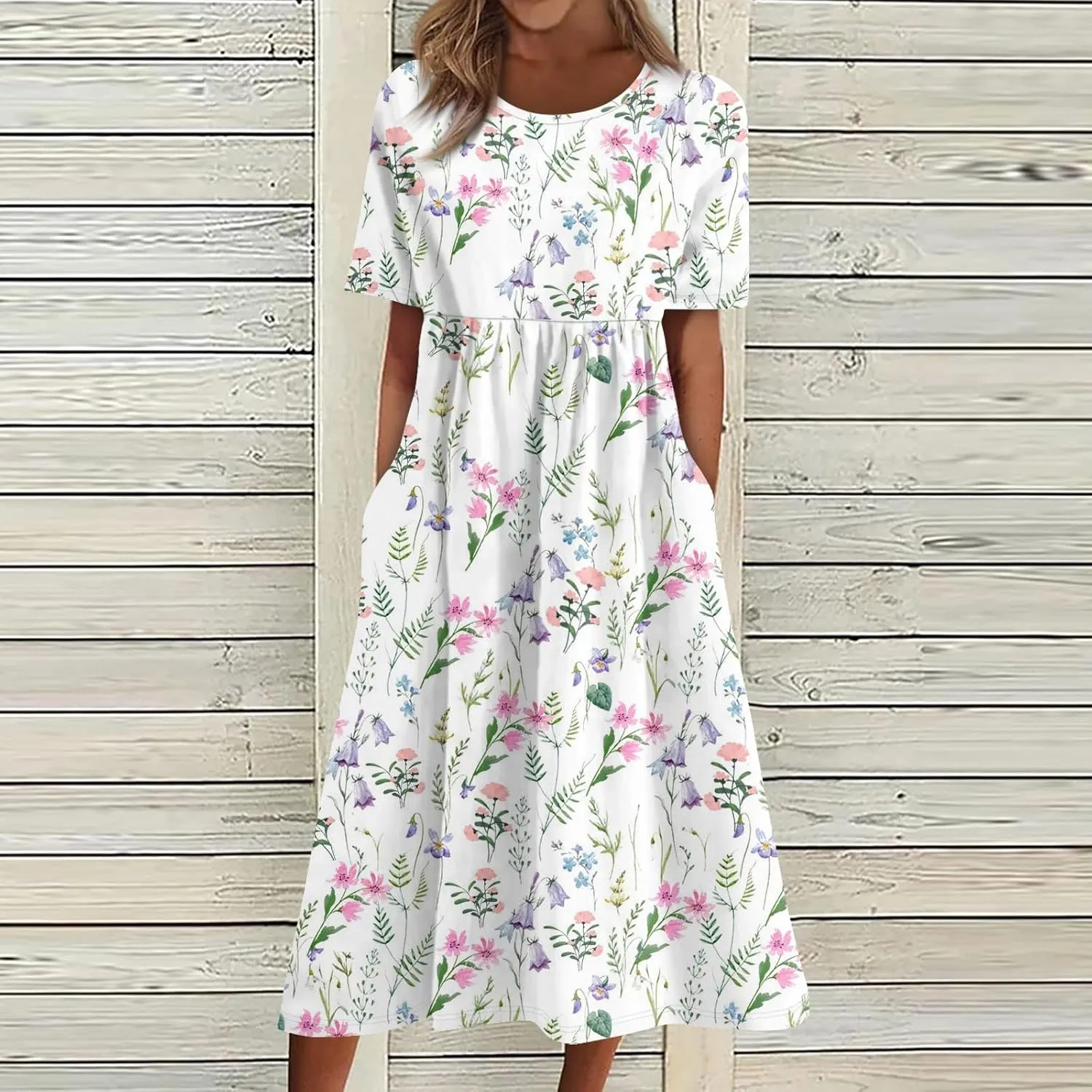 Summer Dresses for Women 2025 Casual Short Sleeve Scoop Neck Print Swing Beach Boho Tshirt Dress with Pockets