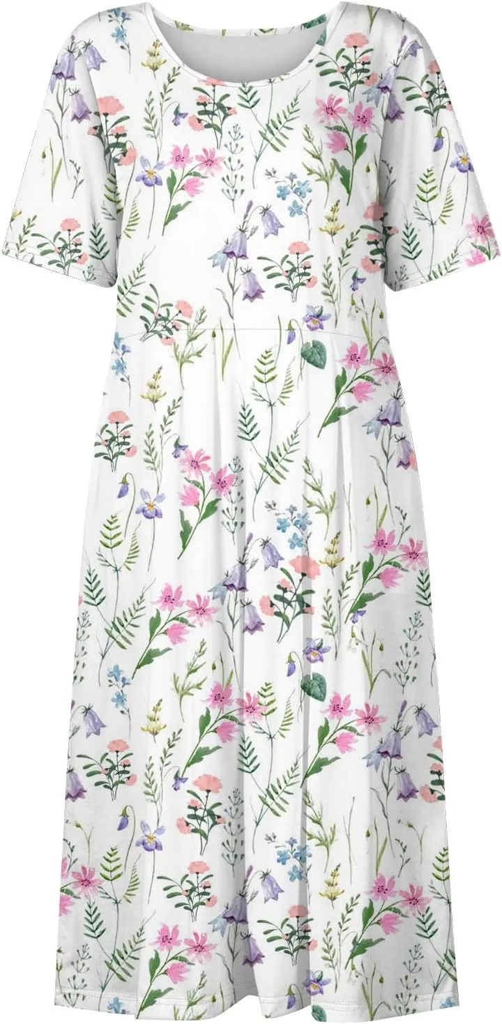 Summer Dresses for Women 2025 Casual Short Sleeve Scoop Neck Print Swing Beach Boho Tshirt Dress with Pockets