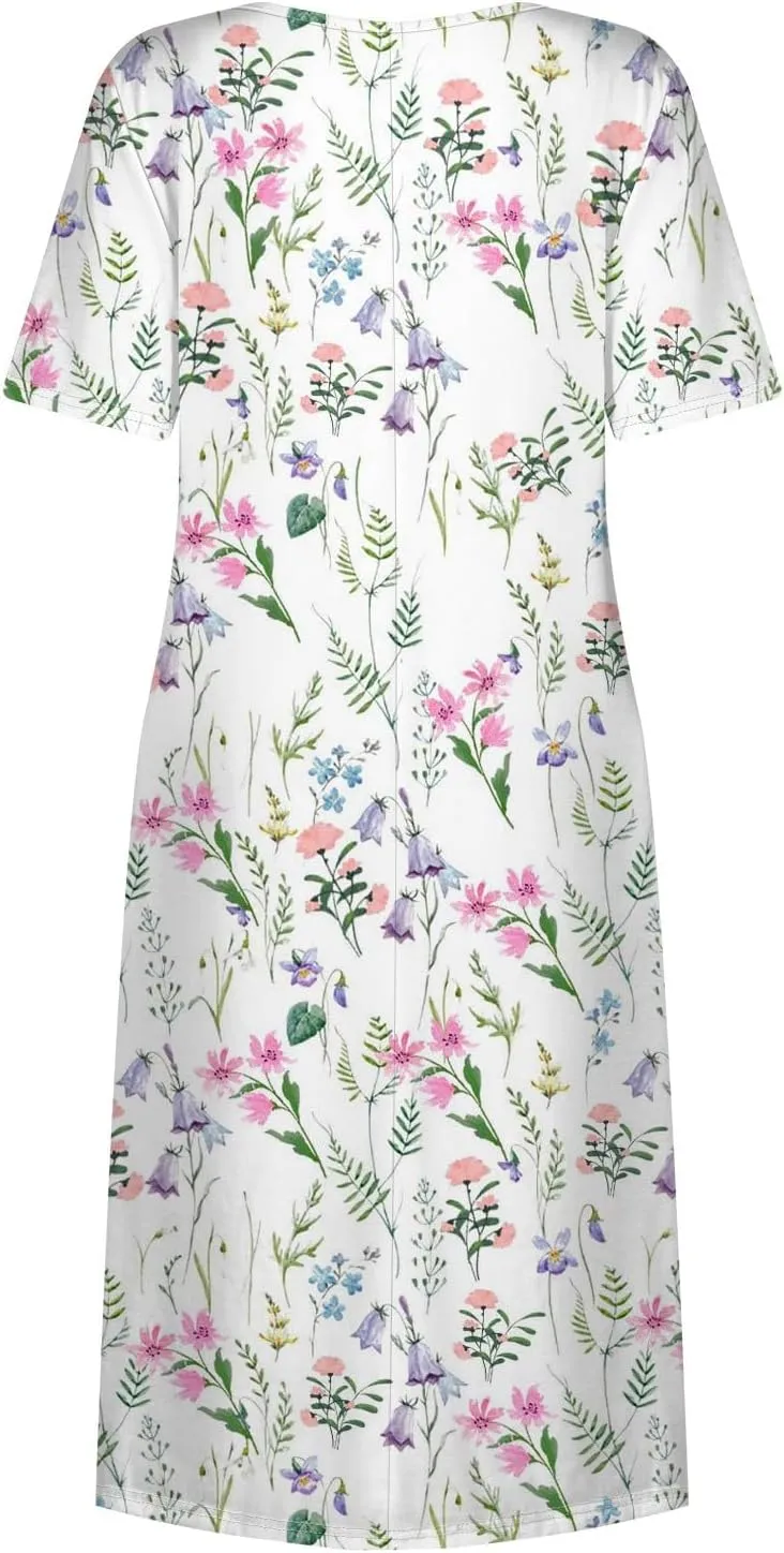 Summer Dresses for Women 2025 Casual Short Sleeve Scoop Neck Print Swing Beach Boho Tshirt Dress with Pockets