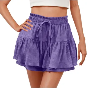 Summer Skirts for Women Casual High Waisted Drawstring Ruffle Layer Skort Shorts Fashion Flowy Beach Short Pants