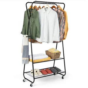 Tangkula Heavy Duty Clothes Rack with Shelves, Double Rod Rolling Garment Rack on Wheels with 4 Hooks Tangkula Heavy Duty Clothes Rack with Shelves, Double Rod Rolling Garment Rack on Wheels with 4 Hooks
