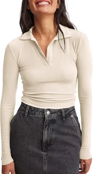 Tankaneo Womens Long Sleeve Polo Shirts V Neck Collared Work Shirt Slim Fit Ribbed Knit Basic Going Out Fall Tops