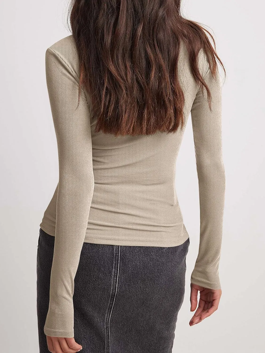 Tankaneo Womens Long Sleeve Polo Shirts V Neck Collared Work Shirt Slim Fit Ribbed Knit Basic Going Out Fall Tops