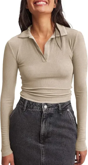 Tankaneo Womens Long Sleeve Polo Shirts V Neck Collared Work Shirt Slim Fit Ribbed Knit Basic Going Out Fall Tops