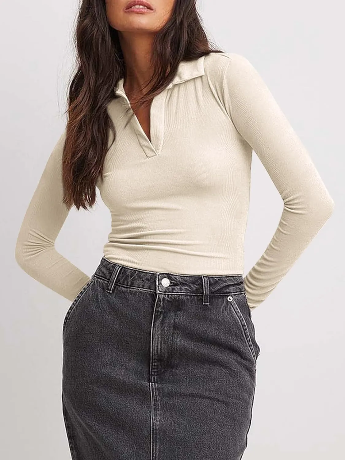 Tankaneo Womens Long Sleeve Polo Shirts V Neck Collared Work Shirt Slim Fit Ribbed Knit Basic Going Out Fall Tops