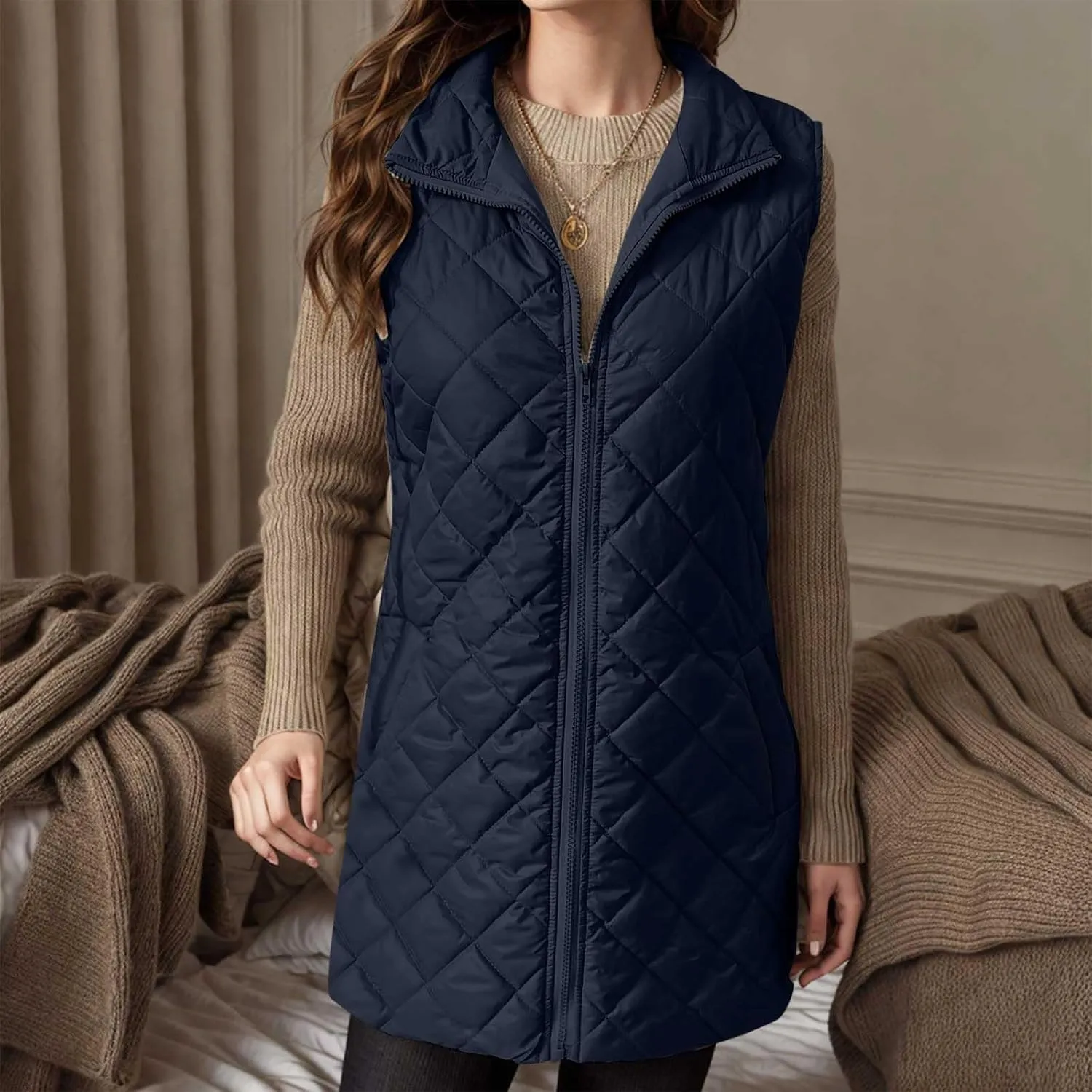 Uillui Long Winter Vest for Women 2024 Trendy Outwear Lightweight Quilted Puffer Down Vest Women Warm Padded Gilet Jackets