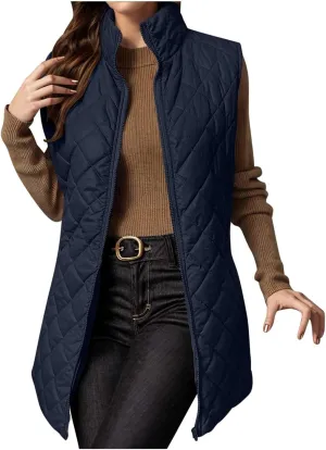 Uillui Long Winter Vest for Women 2024 Trendy Outwear Lightweight Quilted Puffer Down Vest Women Warm Padded Gilet Jackets