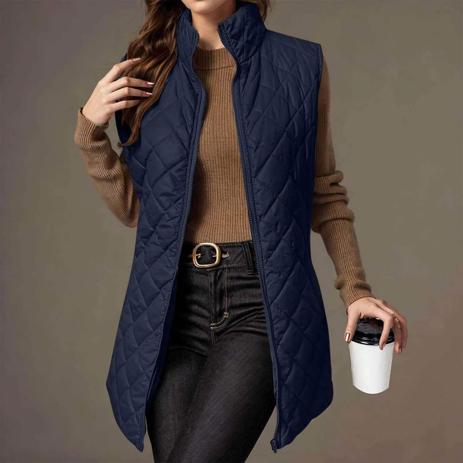 Uillui Long Winter Vest for Women 2024 Trendy Outwear Lightweight Quilted Puffer Down Vest Women Warm Padded Gilet Jackets
