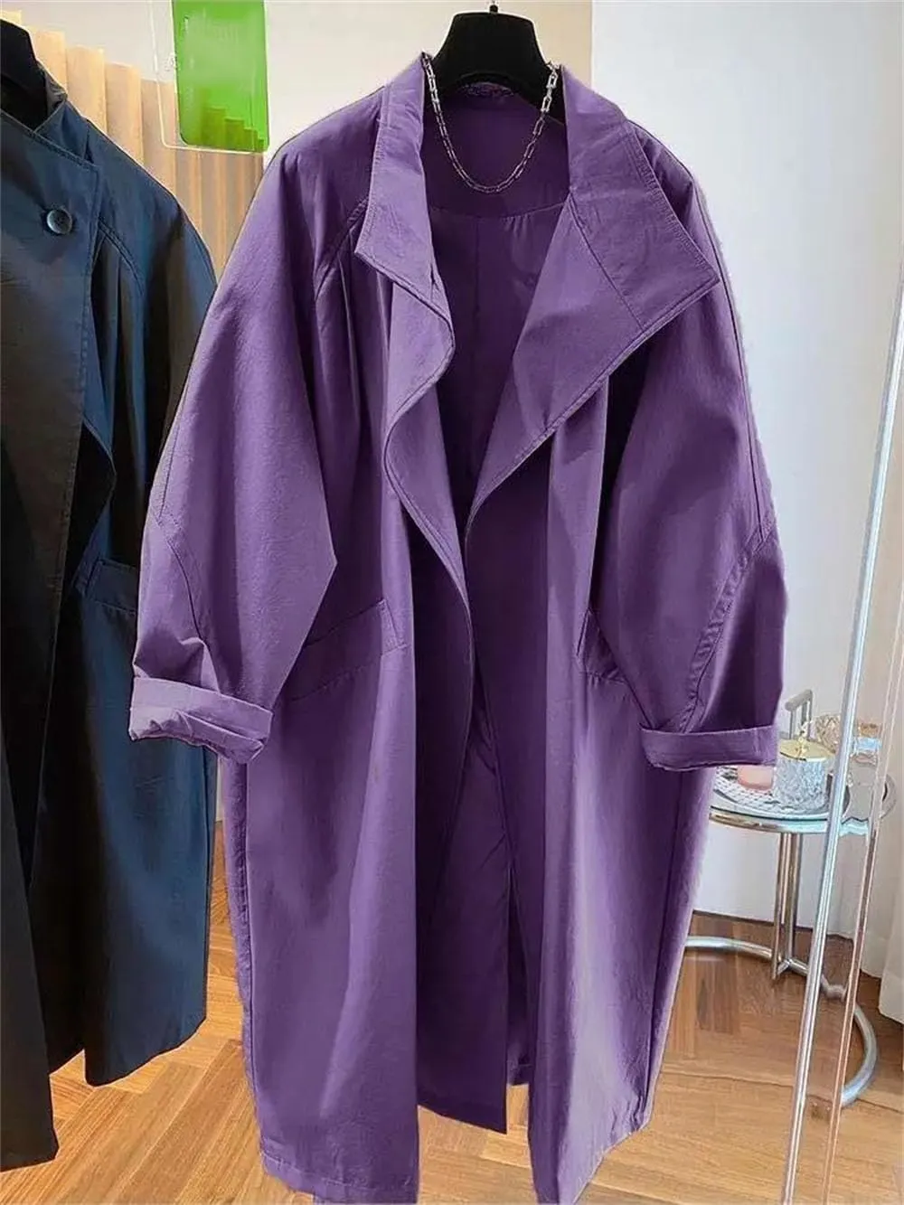 Women Solid Loose Midi Trench Coats Retro Fall Boyfriend Style Overcoats Daily Casual Coat