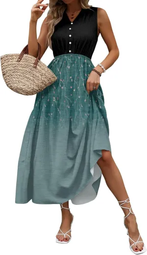 Women Summer Sleeveless Dresses 2025 V Neck Patchwork Boho Floral Ruffle Cocktail Party Midi Dress