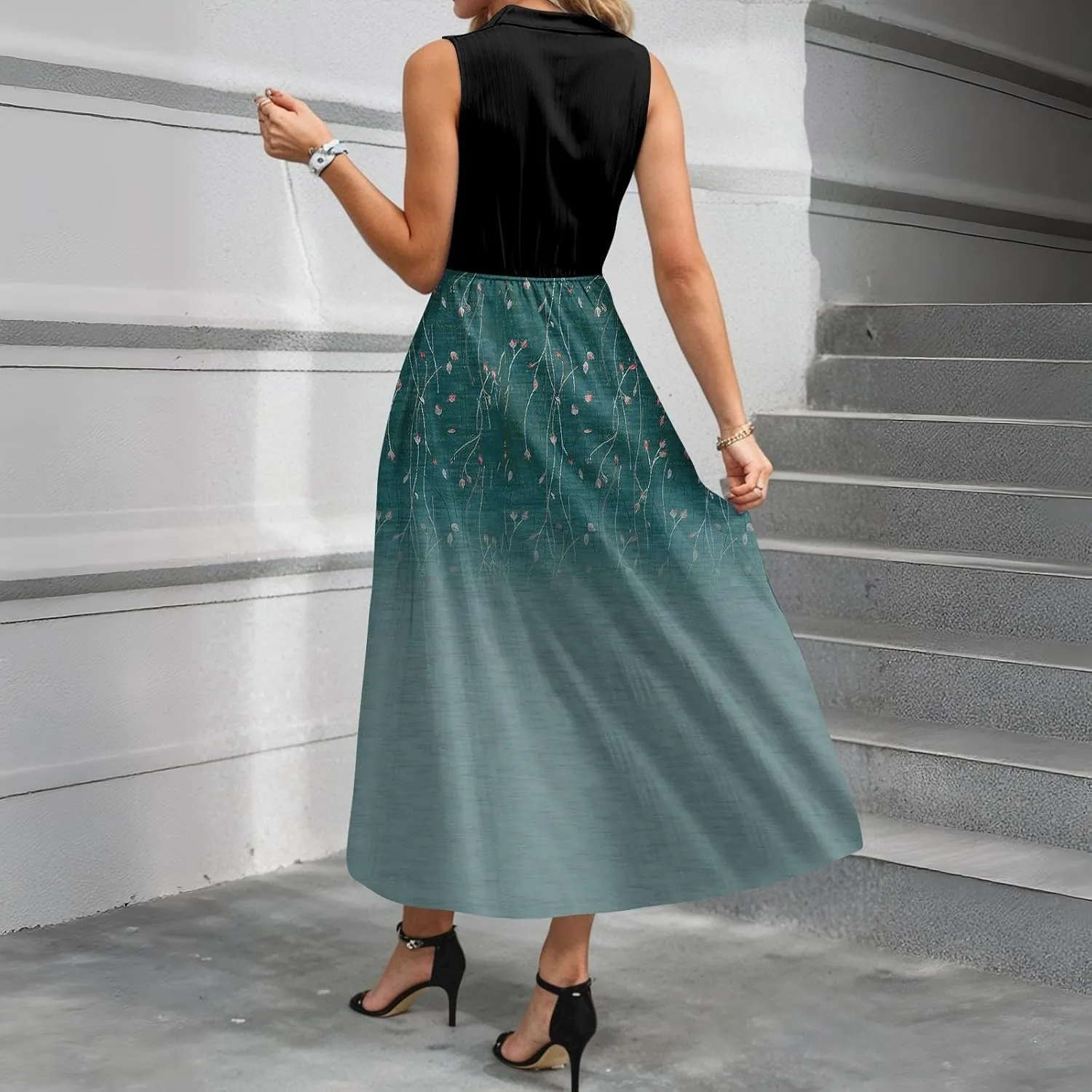 Women Summer Sleeveless Dresses 2025 V Neck Patchwork Boho Floral Ruffle Cocktail Party Midi Dress
