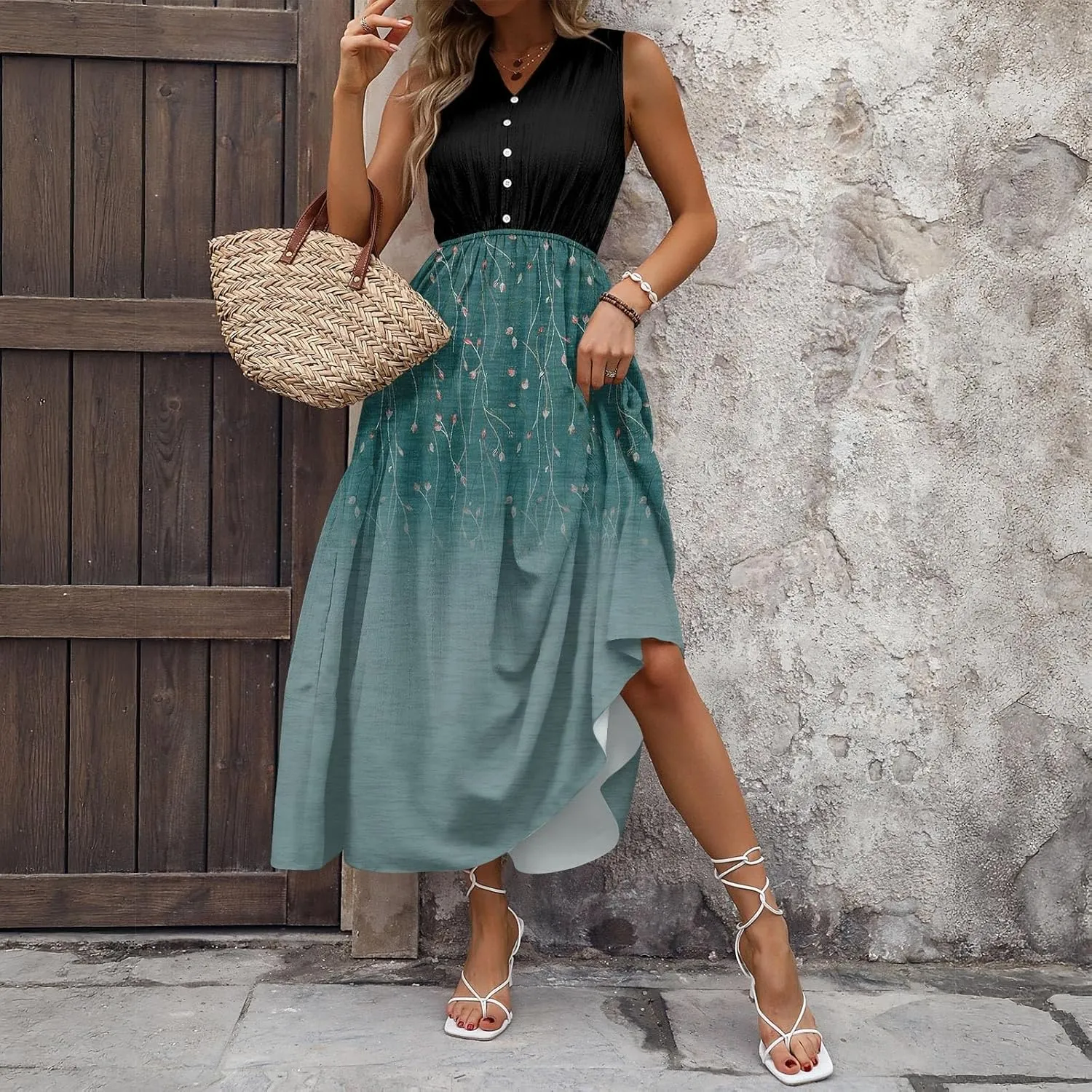 Women Summer Sleeveless Dresses 2025 V Neck Patchwork Boho Floral Ruffle Cocktail Party Midi Dress