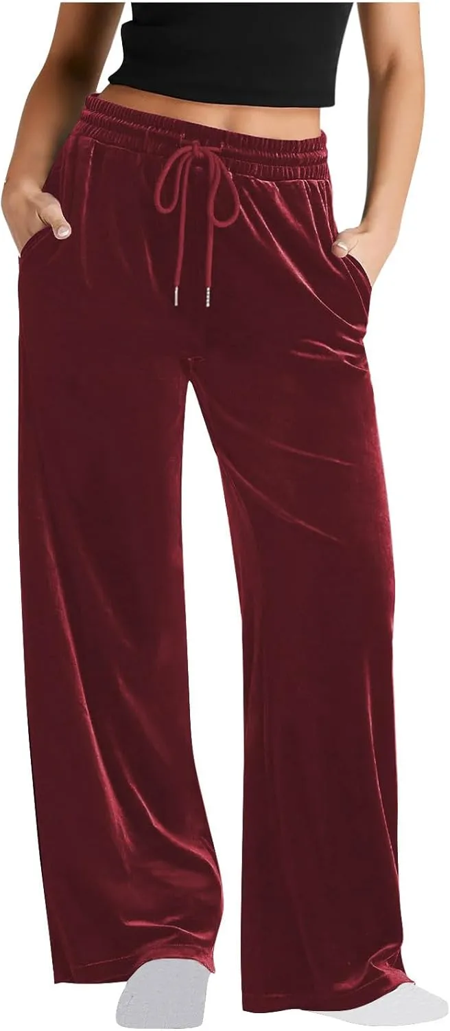 Women Velour Pants Soft Velvet Sweatpants Straight Leg Athletic Joggers Casual Lounge Pajama Pants with Pockets