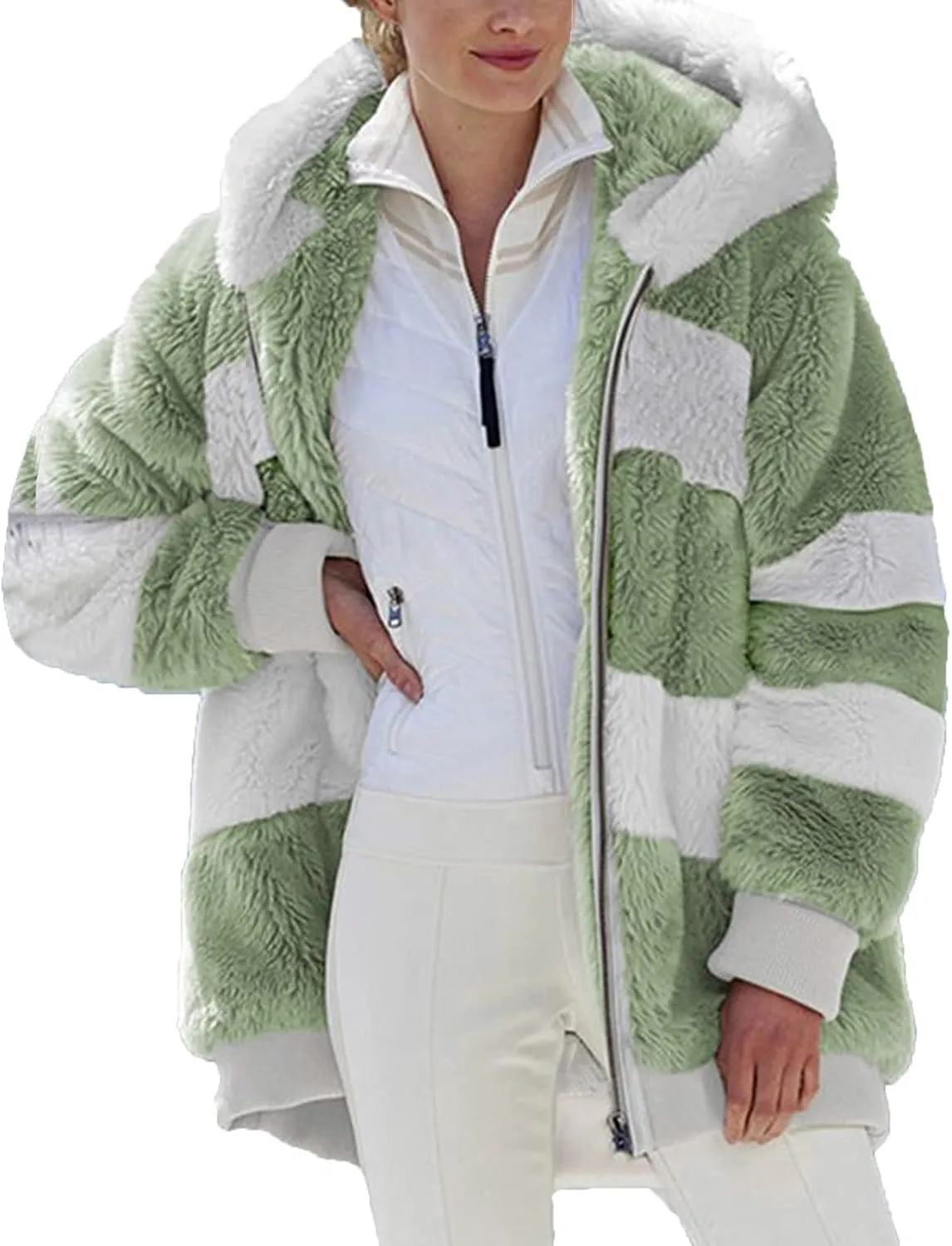 Womens 2023 Winter Fuzzy Fleece Jacket Hooded Color Block Patchwork Cardigan Coats