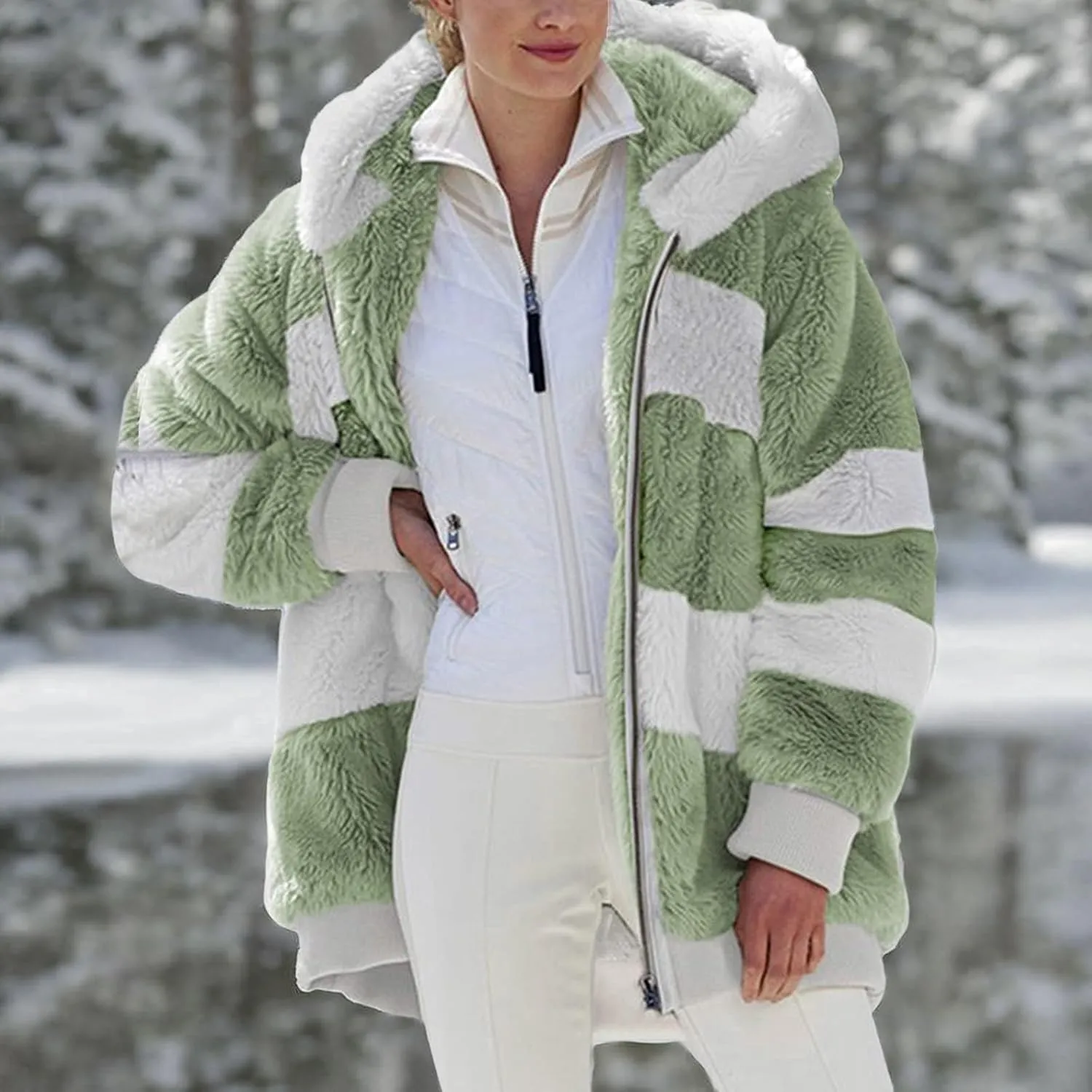Womens 2023 Winter Fuzzy Fleece Jacket Hooded Color Block Patchwork Cardigan Coats