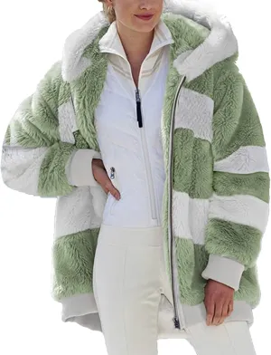 Womens 2023 Winter Fuzzy Fleece Jacket Hooded Color Block Patchwork Cardigan Coats