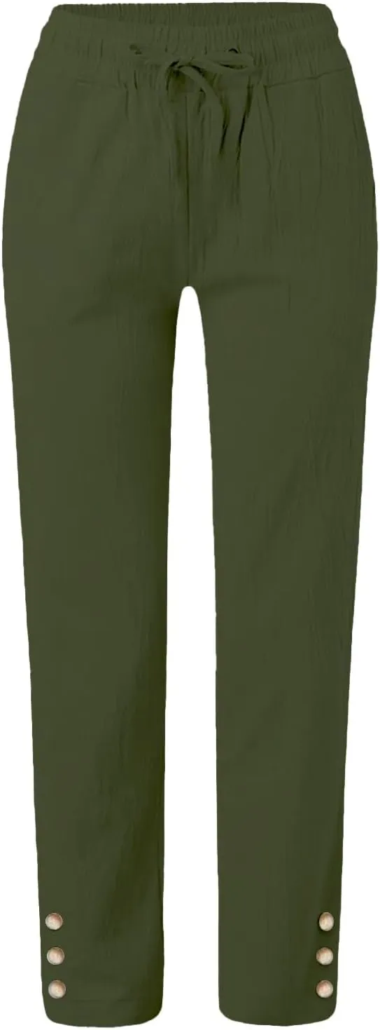 Womens Casual Cotton Linen Pants Lightweight Summer Loose Fit Elastic Waist Plus Size Solid Lounge Long Trousers