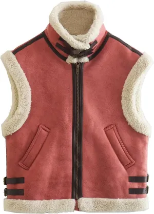 Womens Fashion Sherpa Vest Sleeveless Stand Collar Zip Up Cropped Moto Biker Coat Short Fleece Padded Gilet Outerwear