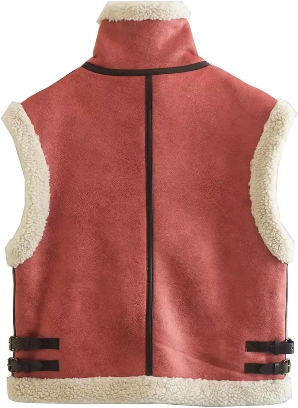 Womens Fashion Sherpa Vest Sleeveless Stand Collar Zip Up Cropped Moto Biker Coat Short Fleece Padded Gilet Outerwear
