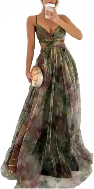 Women's Floral Tulle Wedding Guest Prom Dress Sexy Spaghetti Straps V Neck A Line Formal Colorful Cocktail Maxi Dresses