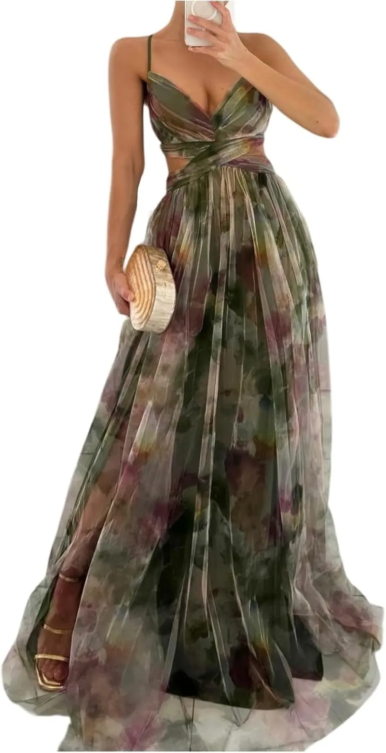 Women's Floral Tulle Wedding Guest Prom Dress Sexy Spaghetti Straps V Neck A Line Formal Colorful Cocktail Maxi Dresses