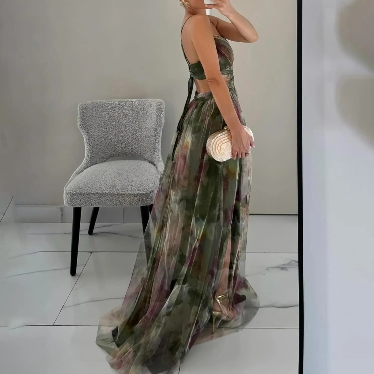Women's Floral Tulle Wedding Guest Prom Dress Sexy Spaghetti Straps V Neck A Line Formal Colorful Cocktail Maxi Dresses